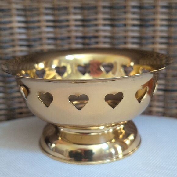 Brass Footed Bowl With Cutout Hearts - Picture 7 of 8